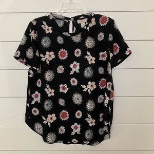 Loft black floral short sleeve blouse